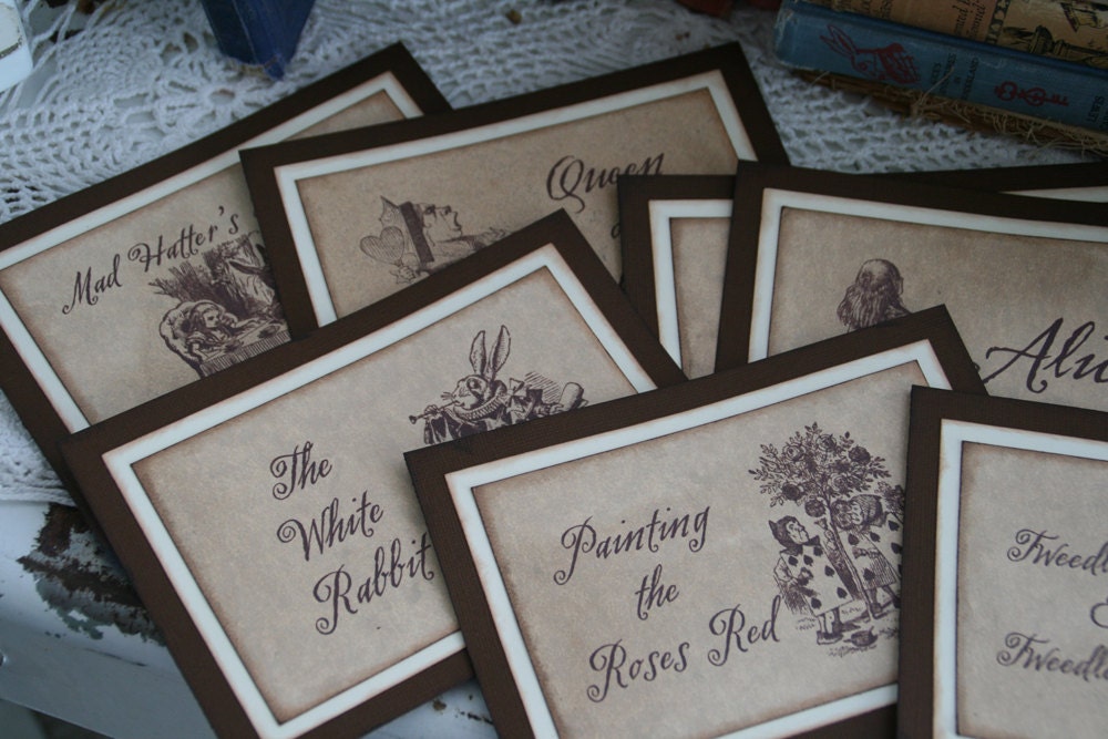 Alice in Wonderland WEDDING TABLE NUMBERS or Names  - Set of 10 ---weddings, parties - vintage, carnival, woodland-- hand-made table decor.