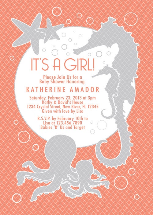 COLOR OPTIONS - Coral Color Girl or Boy Sea Theme Baby Shower Invitation - Digital File - I Design, You Print  - Item 111B