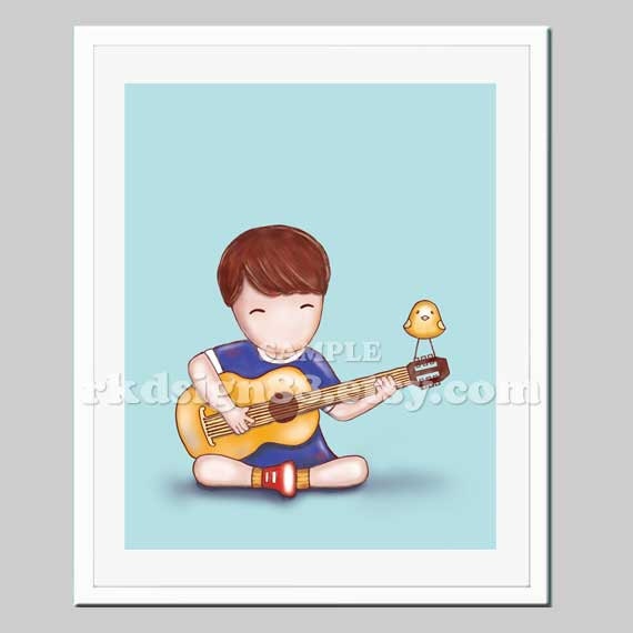 Nursery art nursery decor music room kids wall art, boy art for children decor acoustic guitar art print - Guitar lesson 8 x 10 blue - brow