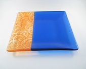 Square Fused Glass Plate Blue Orange Swirl