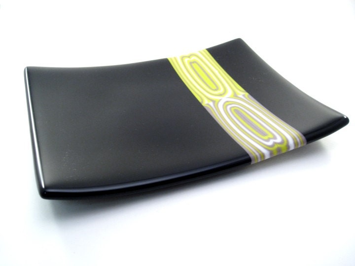 Black Fused Glass Plate Contemporary Green Purple Pattern Bar Design