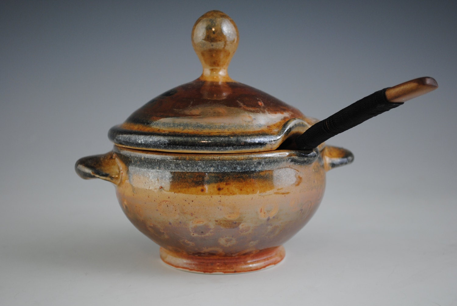 Glossy Orange and Black Lidded Dish, Shino Glaze
