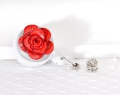 Poppy Red Rose Badge Retractable Reel ID Holder with Lapel Clip on Silver Glitter Polymer Clay. Great Gift for a Student, Teacher, Nurses