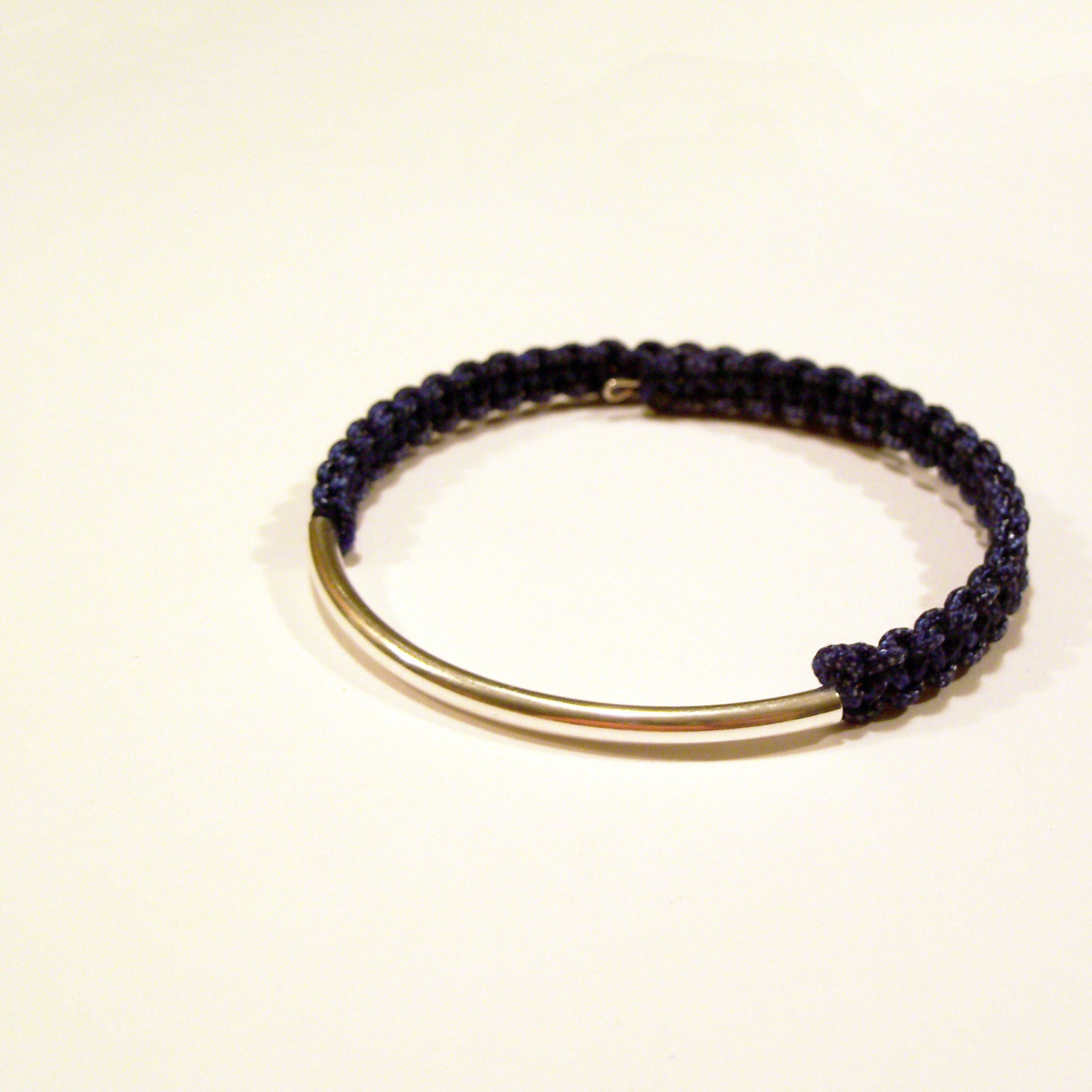 Nautical navy blue silver bar rope bracelet on adjustable memory wire