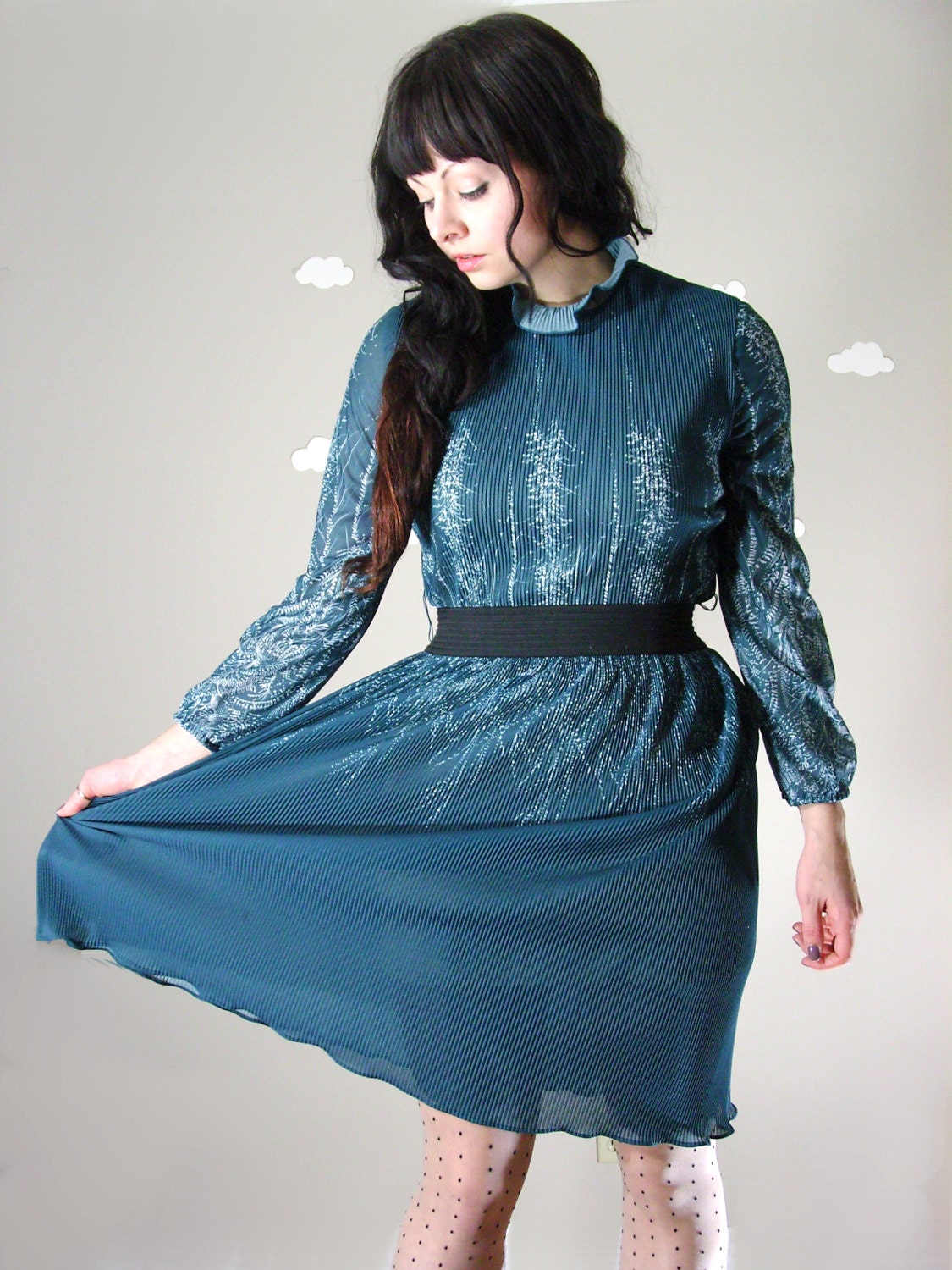 Vintage pleated dress midi floral prairie print dark teal green large high collar DOWNTON HIP