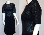 vintage 1960s lace dress // sheer panels // dark blue rayon crepe M L