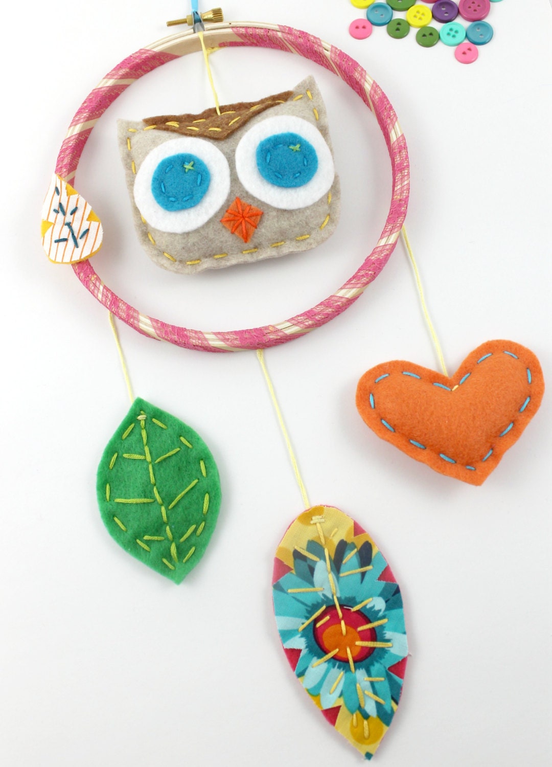 Dreamcatcher Owl Wall Hanging Mobile Felt Feathers Embroidery Nursery Pink Orange Teal