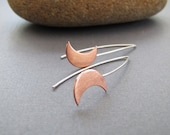 Mixed Metal Crescent Moon Earrings. Modern Copper Sterling Silver Everyday Jewelry