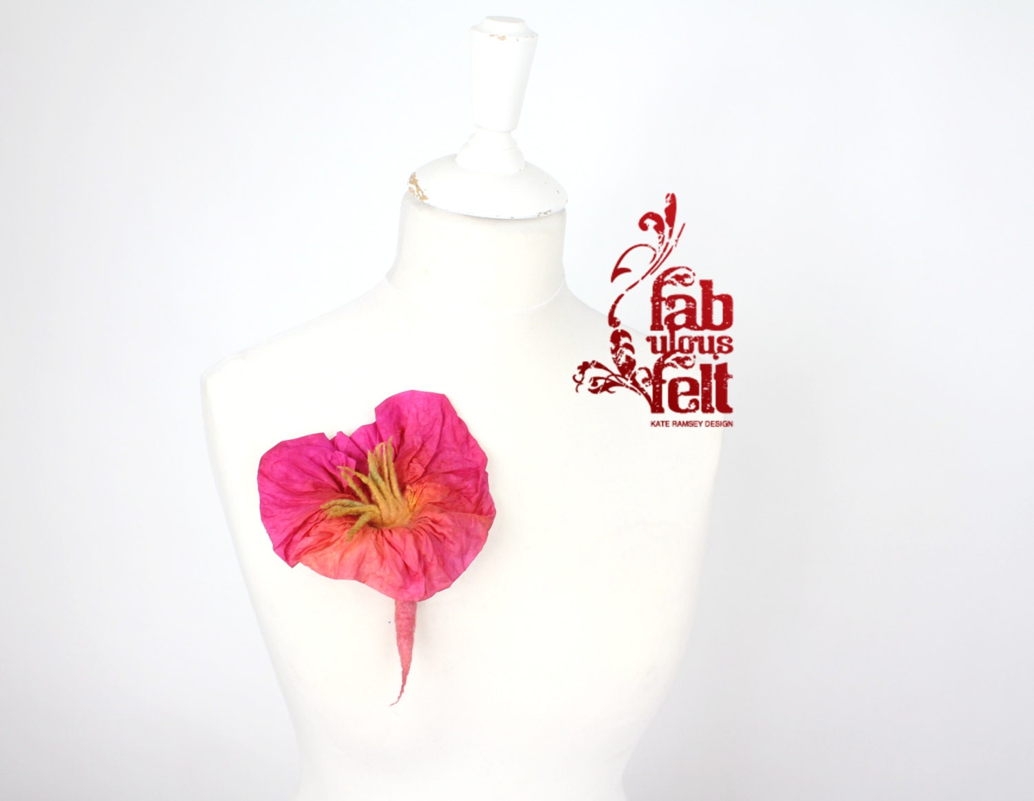 Special Felted flower brooch silk flower red pink with orange stalks and woolen steamen