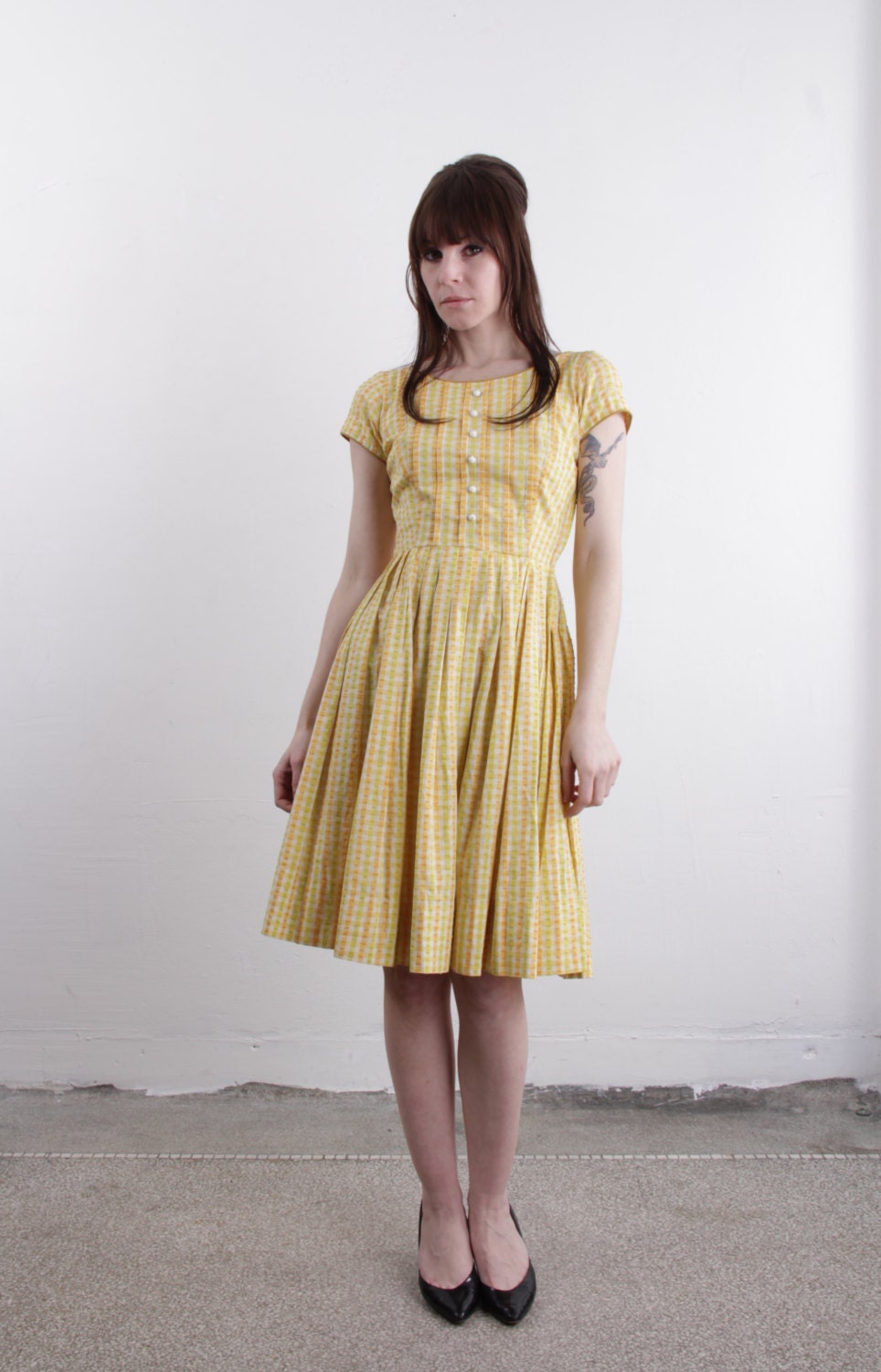 Vintage 50s Dress . BETTY BARCLAY . Mad Men . Yellow 1950s Mid Century Frock