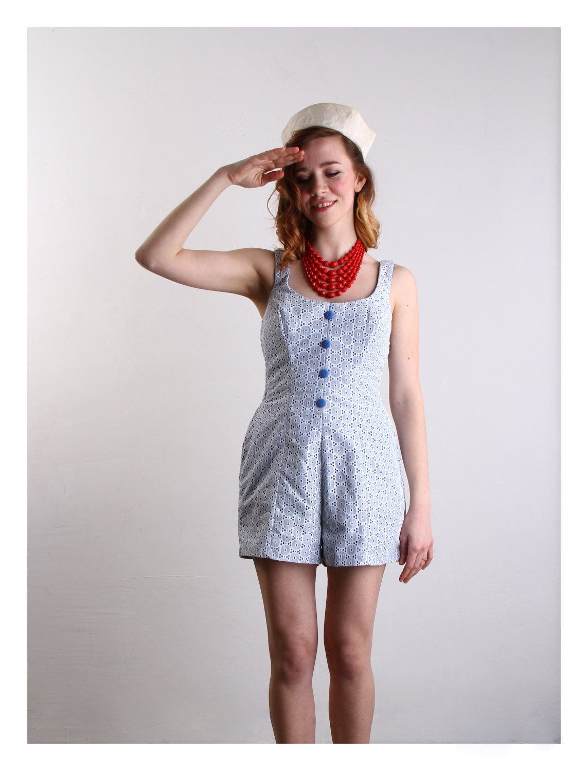 Vintage Romper . Lace Blue Cotton One Piece  . Summer . 1960s Beach Swim Wear