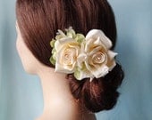 cream rose hair clip, bridal hair accessory, cream flower, ivory green floral hair accessories - ANGELIQUE - wedding headpiece