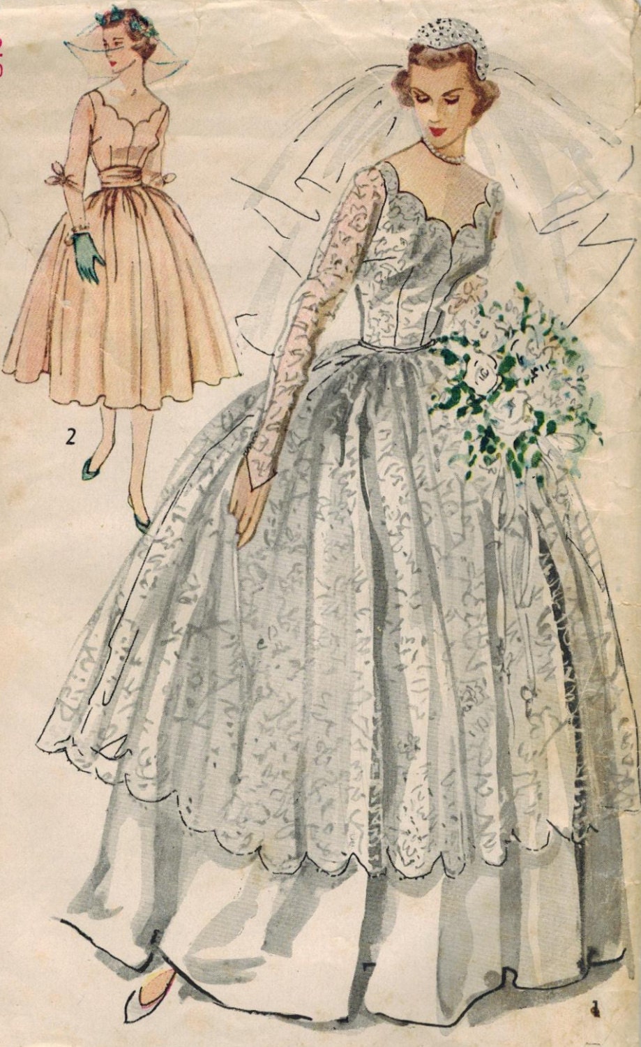 1950s Simplicity 8425 Vintage Sewing Pattern Misses' Bridal Gown and Bridesmaid Dress Size 12 Bust 30