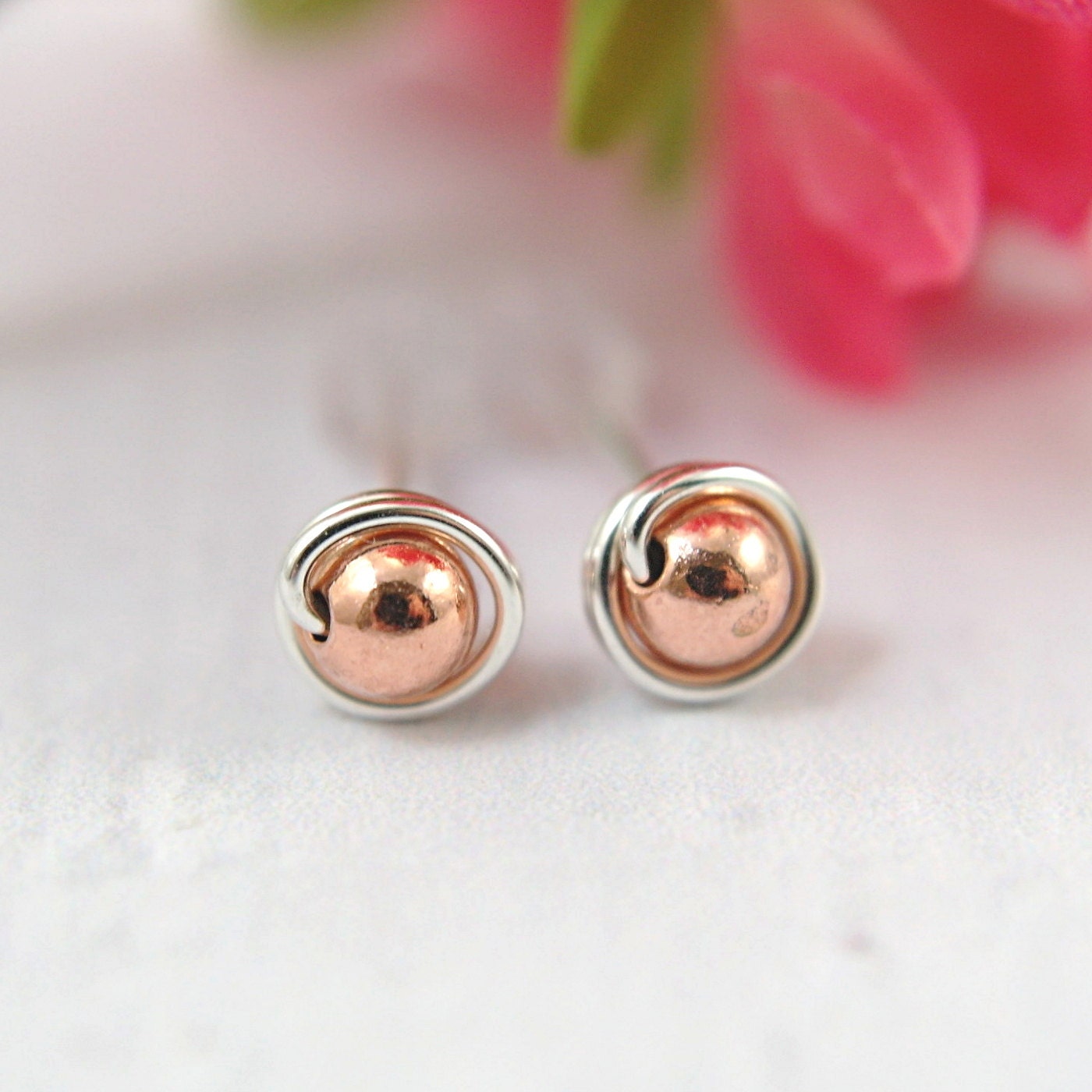 Tiny copper ball post earrings sterling silver wire wrapped mini
