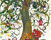 Flower Pots and Tree, ORIGINAL 5x7,  Watercolor