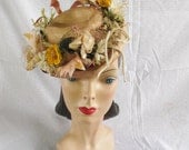 1940's Vintage Straw Tilt Toy Hat with Flowers Feathers Original Hats by Deena