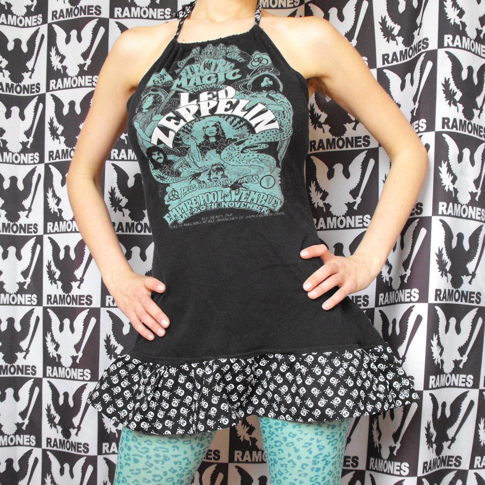 Led Zeppelin Mini Dress Reconstructed T Shirt Halter Top with Skull Fabric Size S