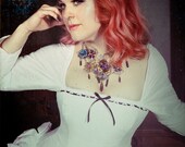 Crystal Unicorn Steampunk Necklace - Silver Steampunk Armor with Purple Enamel Flowers Gold Gears and Titanium Quartz