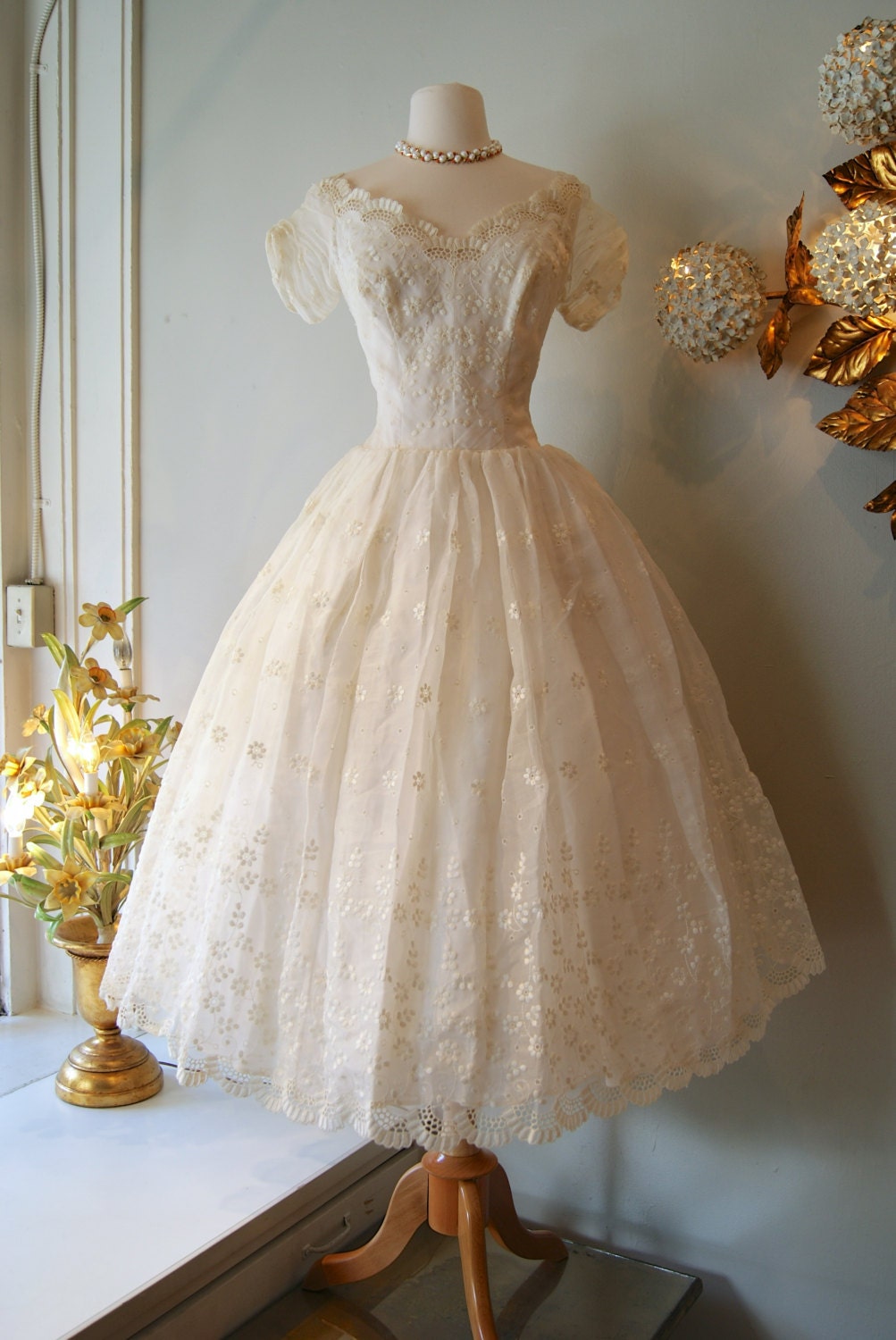 50s Wedding Dress // Vintage 1950s Eyelet Tea Length Wedding Dress with Floral Embroidery