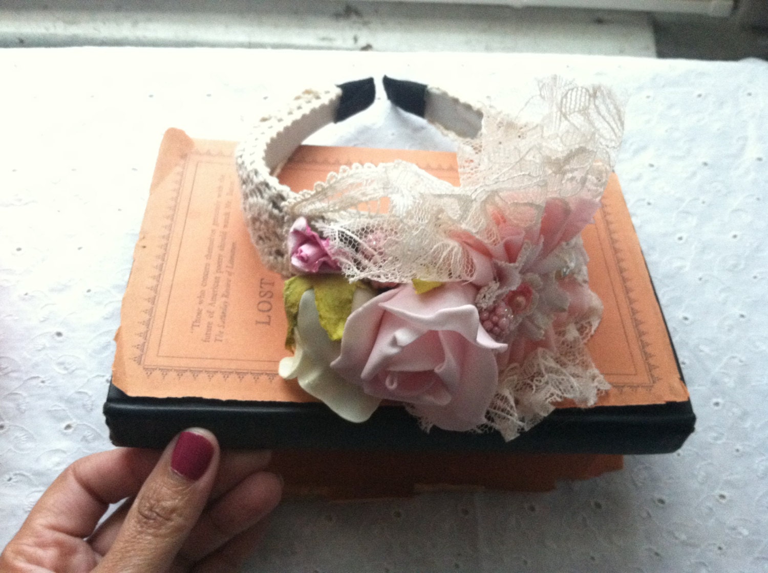 Wedding Hair Accessories, Bridal Hair Head Piece, Pink Floral Crown, Lace Bridal Headband, Ivory, Pink, Beige - Miss Naples
