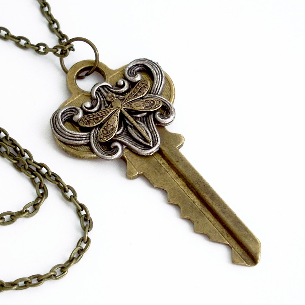Wings of Fancy - Recycled Key Pendant Necklace Jewelry