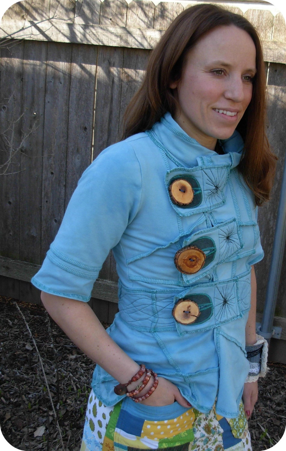 Calm Seas Organic Cotton Handmade Tree Button Hippie Patchwork Cardigan Top Blouse
