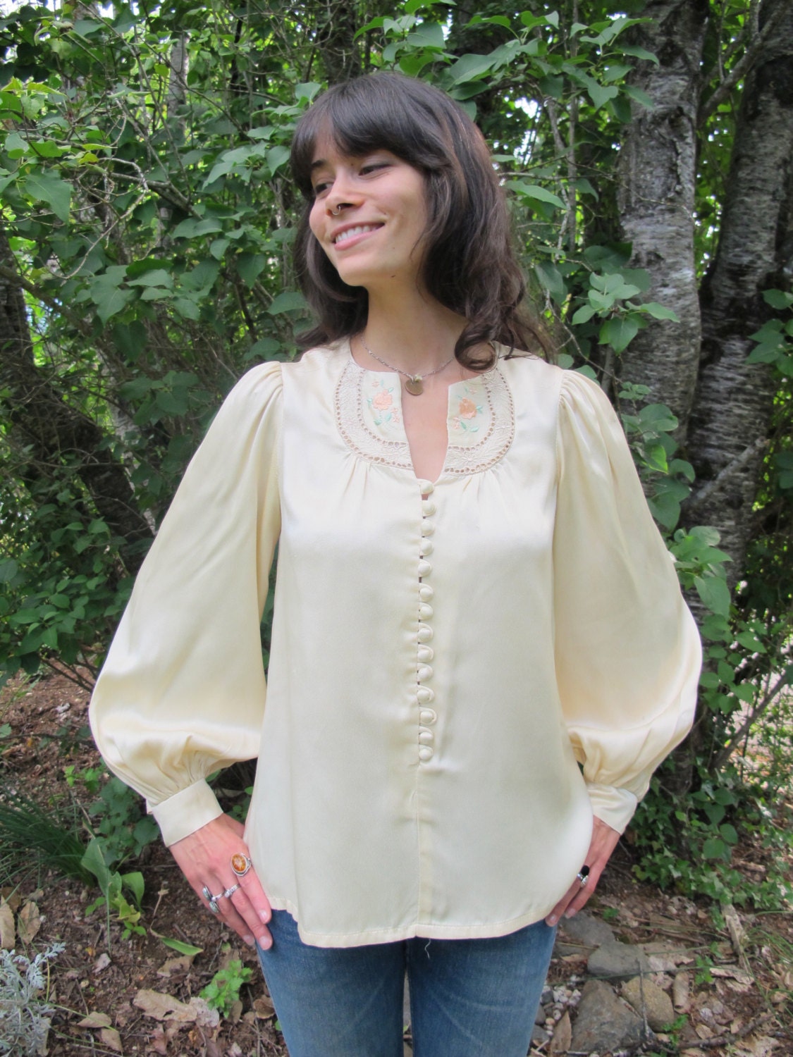 Romantic Gunne Sax Satin Boho Blouse with Floral Embroidery