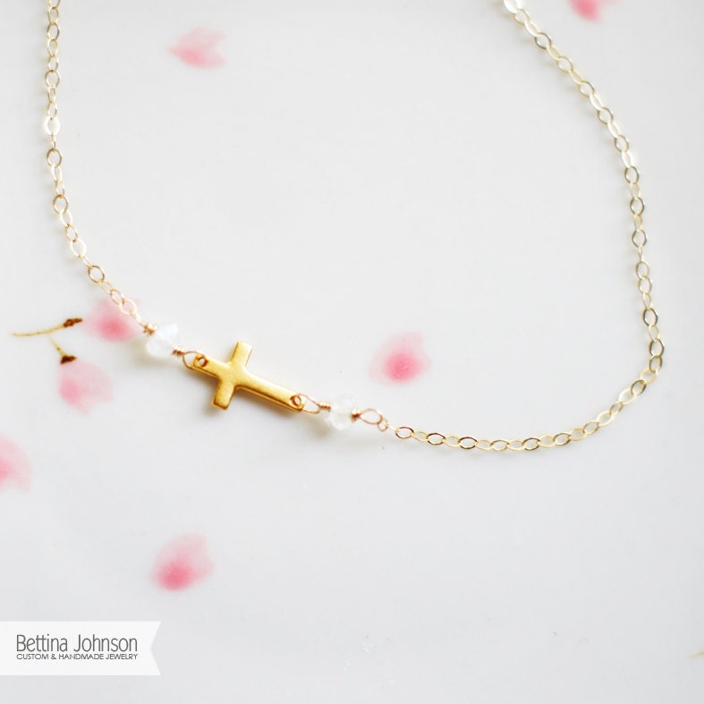 24k Vermeil Gold Sideways Cross Necklace Birthday Gift Moonstone Dainty Necklace Cute Necklace