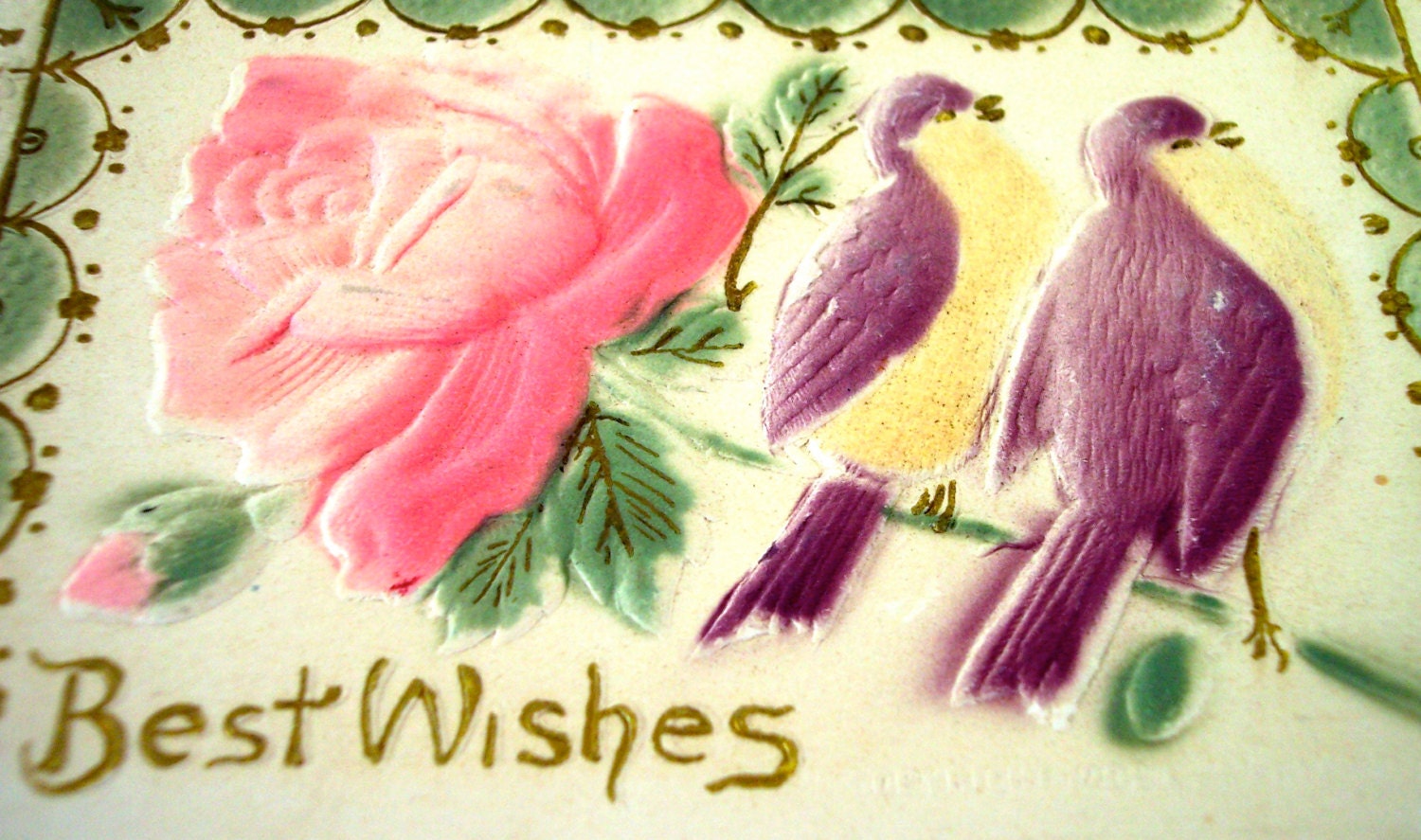 Antique Circa 1908 Postcard Best Wishes with Embossed Birds and Flower