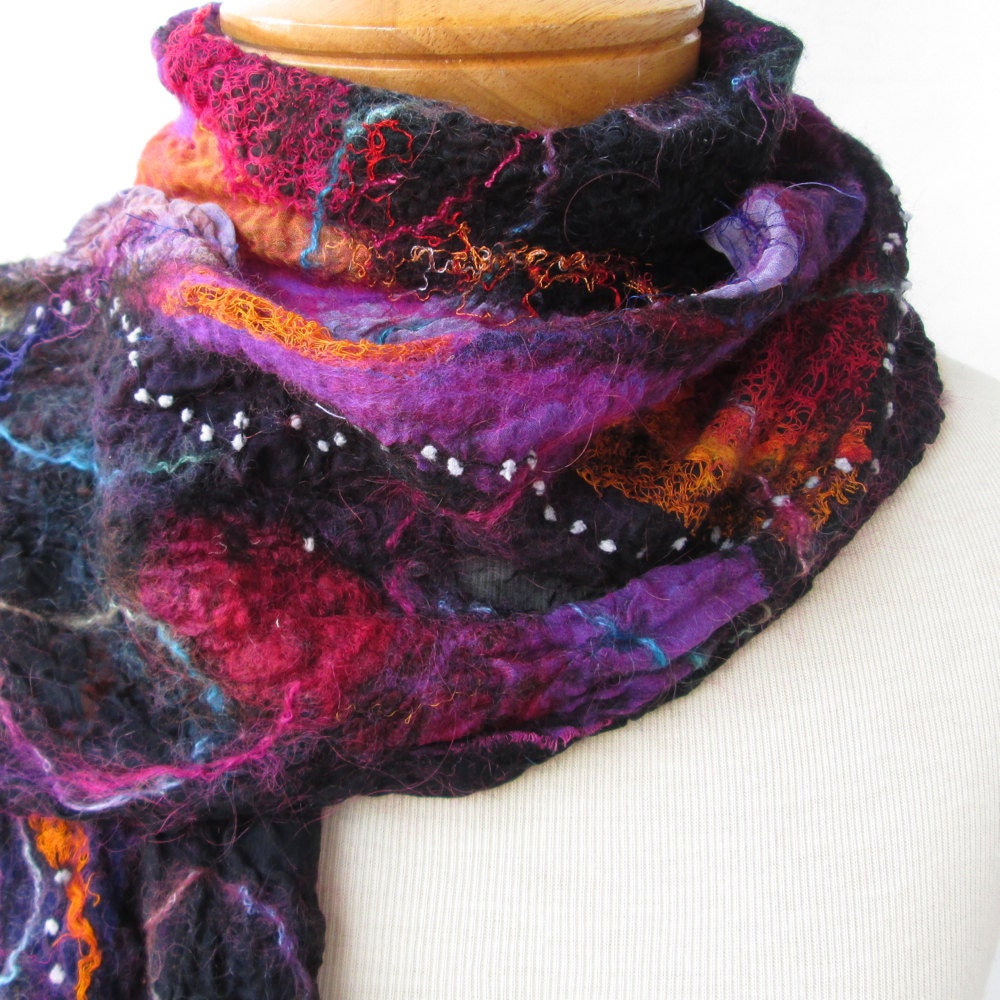 Nuno felted scarf in black, fuchsia, purple and orange