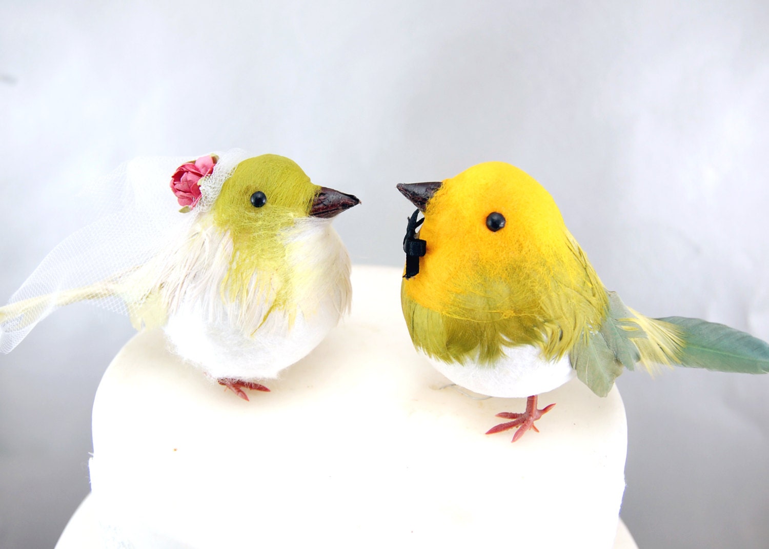 Chickadee Wedding Cake Topper: Vintage Inspired Bride & Groom Love Birds in Yellow, Green, and White