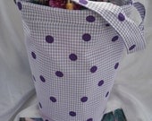 Knitting bag, sock knitters bag, zipper notions pouch, pockets, drawstring, crochet tote, lavender and white check with dots