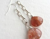 Large Sunstone Earrings with Chunky Silver Chain