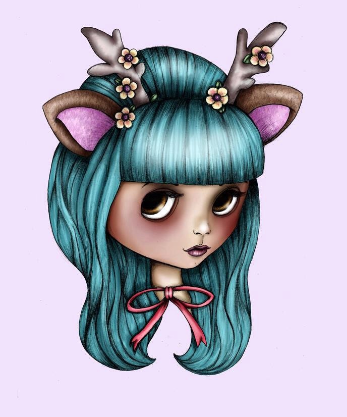 Teal and Pink Deer Blythe Doll A4 Art Print by Hungry Designs