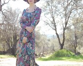 Floral Dress Vintage Black Watercolor Floral Draped Boho Maxi Dress  (m)
