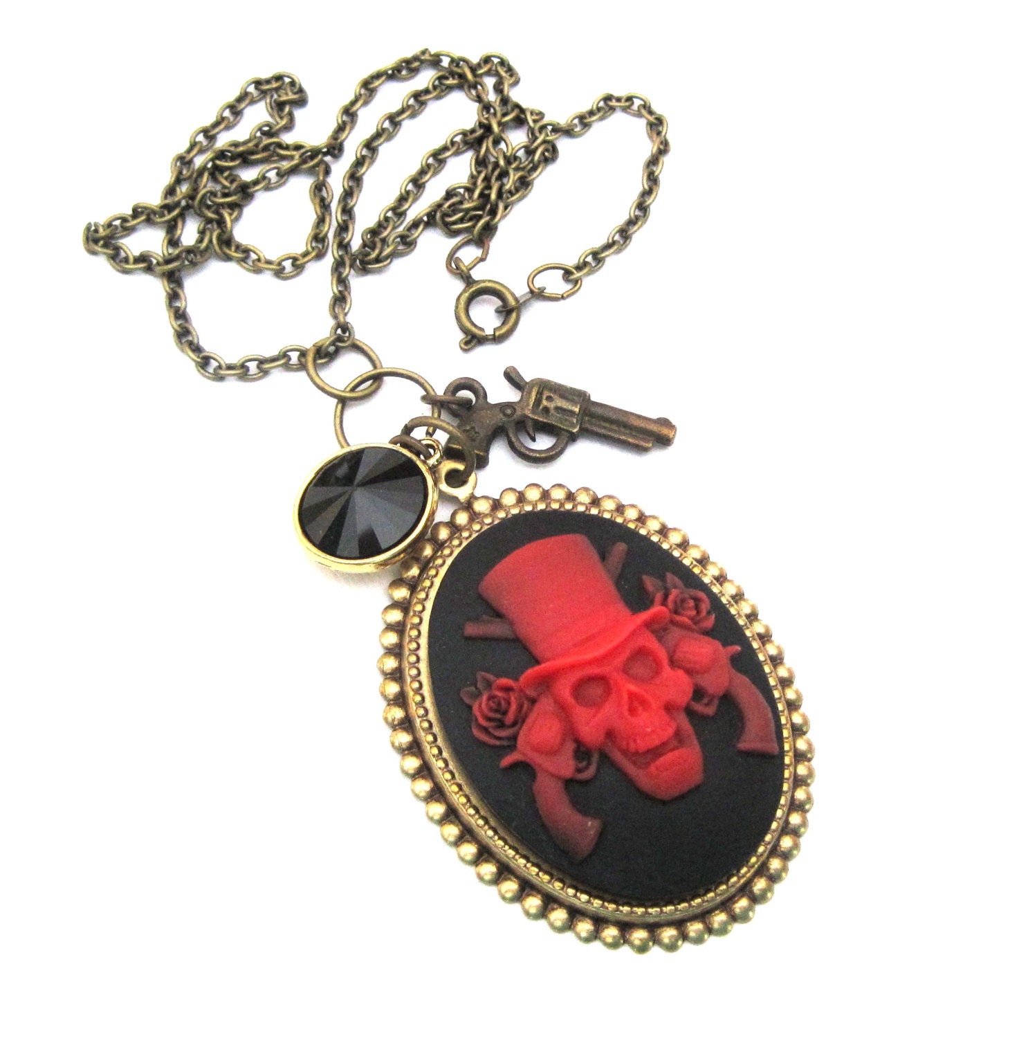 Cross Pistols and Roses Pirate Skull Necklace with gun and Swarovski crystal red and black