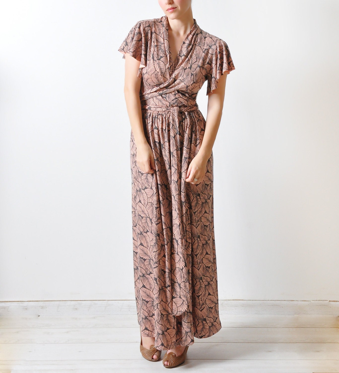 Maxi Evening Dress, Bridesmaid Dress, Peach Print