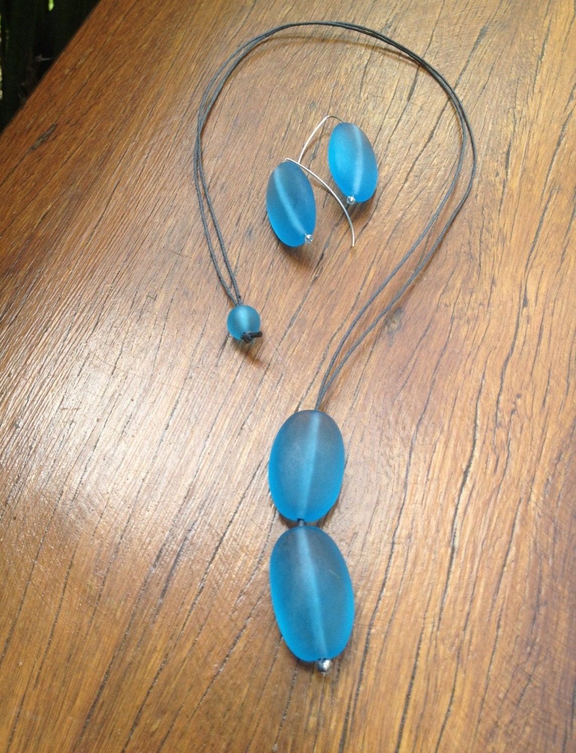 Resin bead necklace juicy blackcurrent double drop ovals on cotton cord