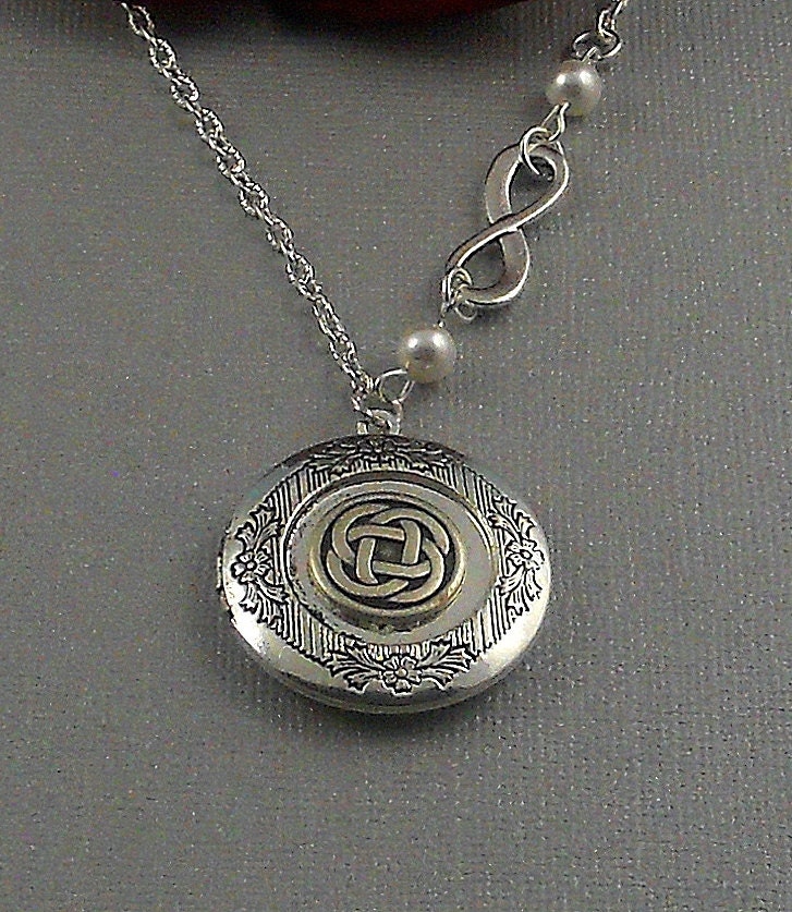 Silver Celtic Knot Locket, Antique Silver, Infinitely Triquetra, Trinity, Pearls, Locket Necklace- WEDDING BELLS