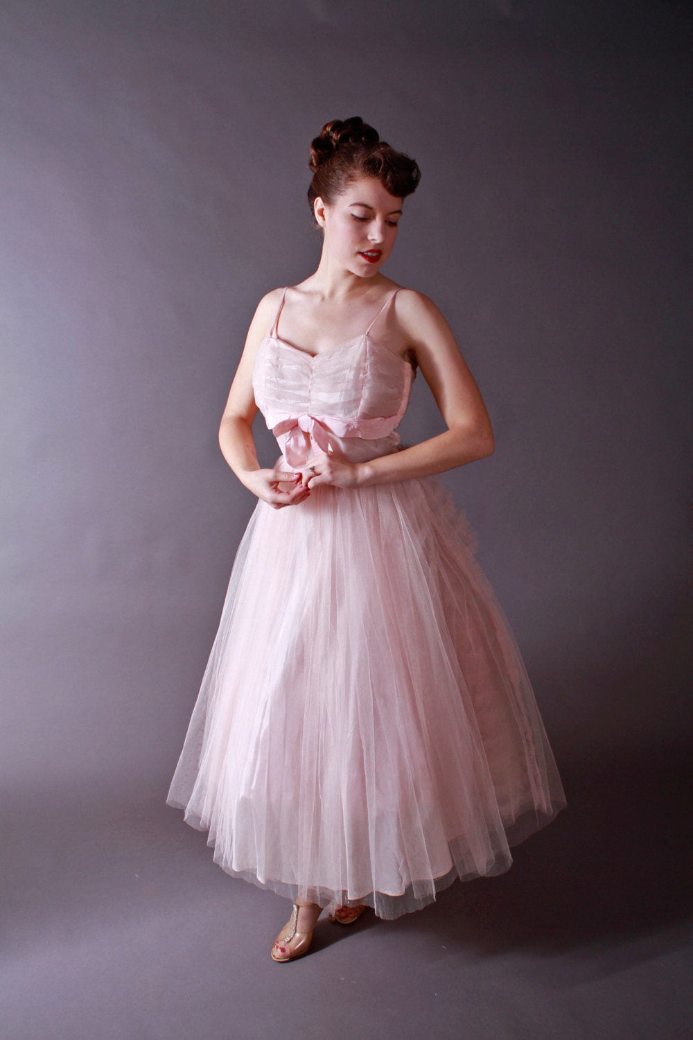 Vintage 1950s Party Dress - Cotton Candy Pink Tulle Party Dress with tiered Ruffled Back and Bows