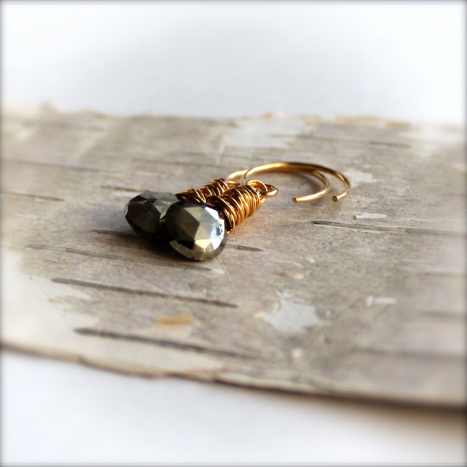 Dark Grey Pyrite Stone, Raw Brass- Gemstone Earrings- Wire Wrapped Briolette Jewellery