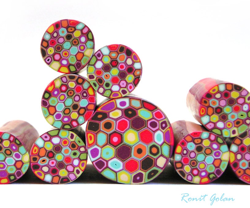 Polymer clay millefiori cane - Red, light blue, brown, green, orange and yellow Retro Dots