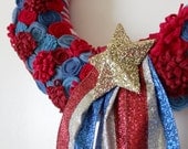 4th of July Wreath, Red White and Blue Wreath, Patriotic Wreath, Yarn and Felt Wreath, 14 inch size - READY TO SHIP