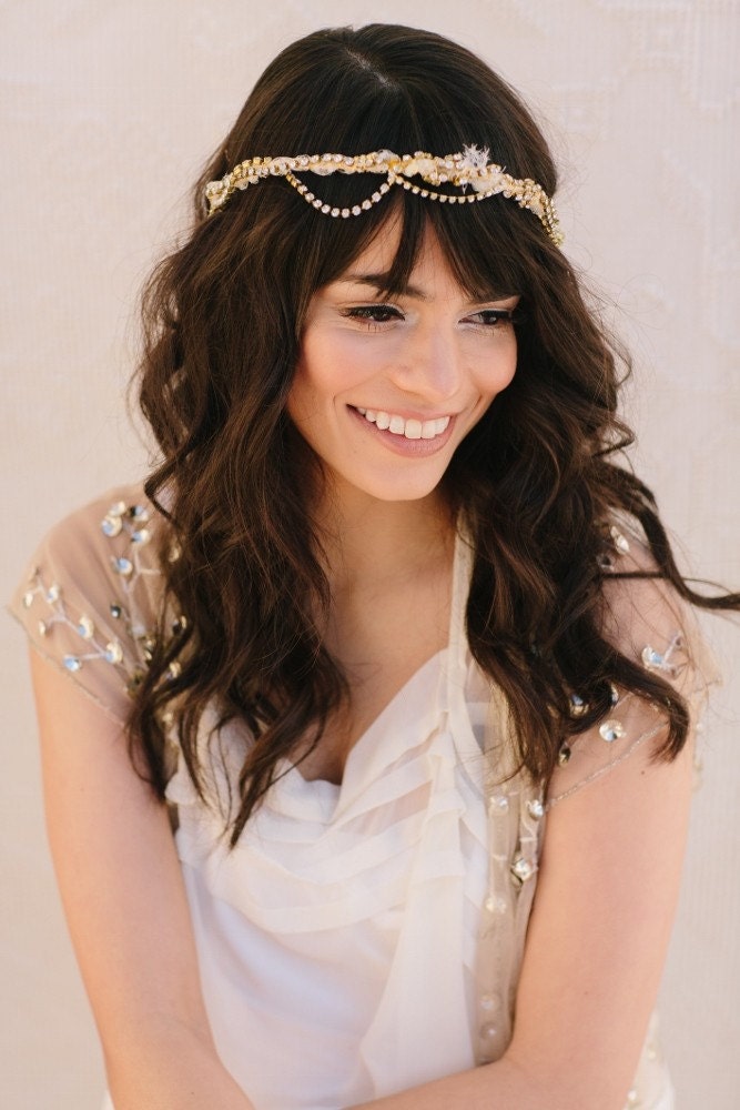 Zephyr Bridal Headband, Russian Veil, Rhinestone Chain, Bohemian Bridal Hair Piece, Wedding Headpiece, Ships in 1 Month
