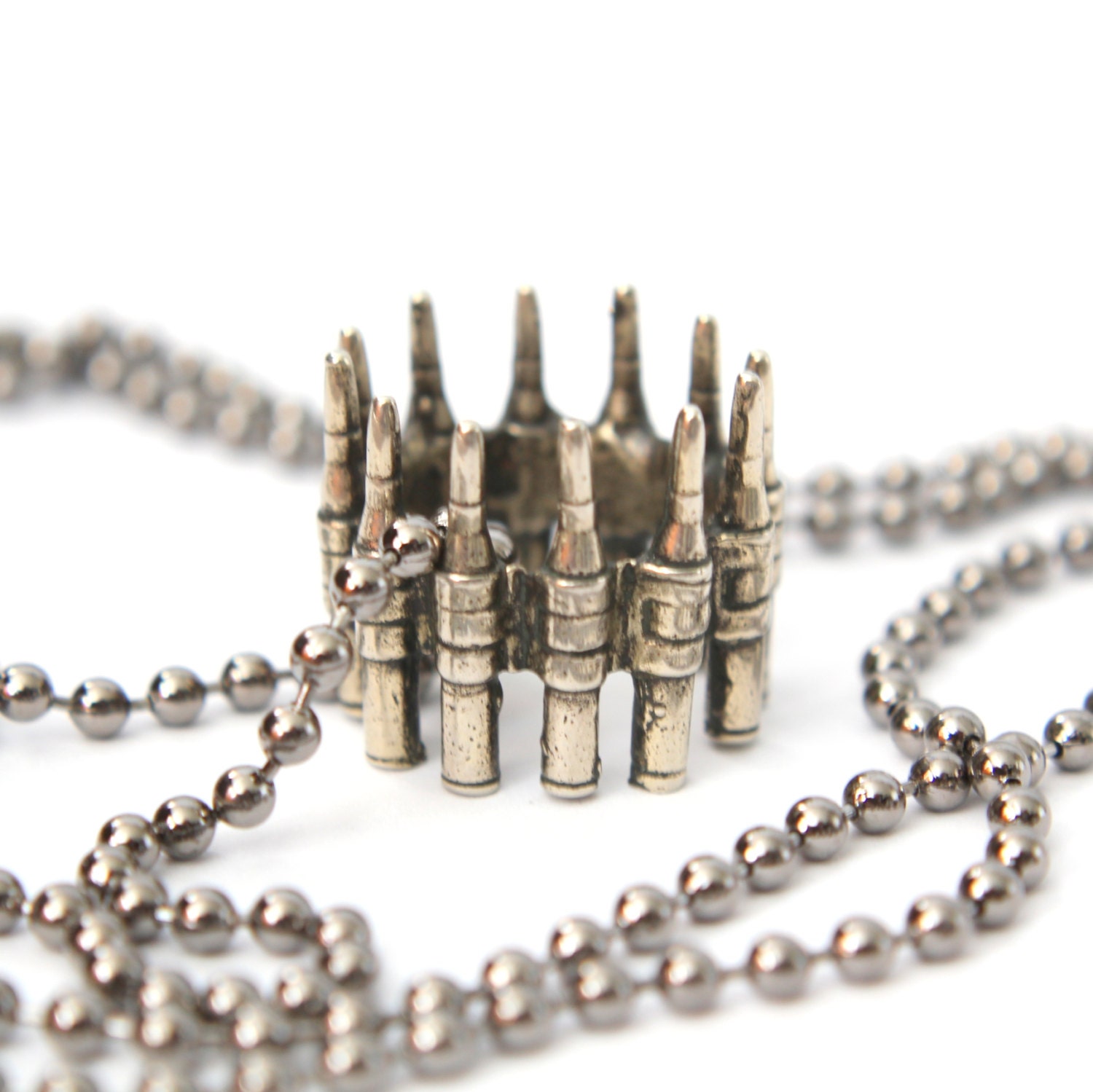Silver Bullet Ring in Solid White Bronze Machine Gun Bullet Bandolier Ring on 30" Black Gunmetal Military Grade Ball Chain Necklace
