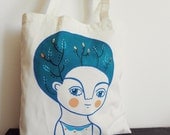 RESERVED Blue tote bag hand-painted organic cotton - Girl shopping bag - Carla