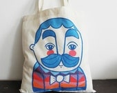 Blue colorful man bag hand-painted organic cotton mustache man shopping bag - Ivano