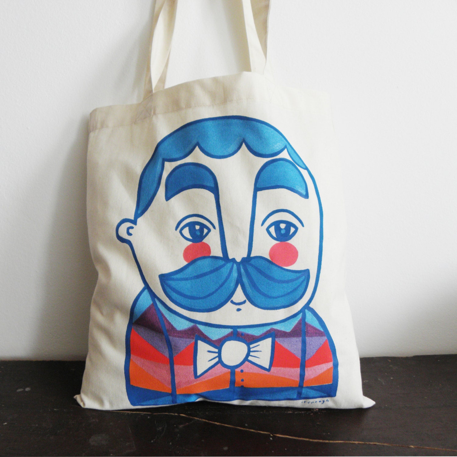 Blue colorful man bag hand-painted organic cotton mustache man shopping bag - Ivano