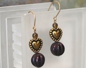 Gold Heart with Eggplant Purple Glass Beads 14Kt Gold-Filled French Hook Earrings - E220
