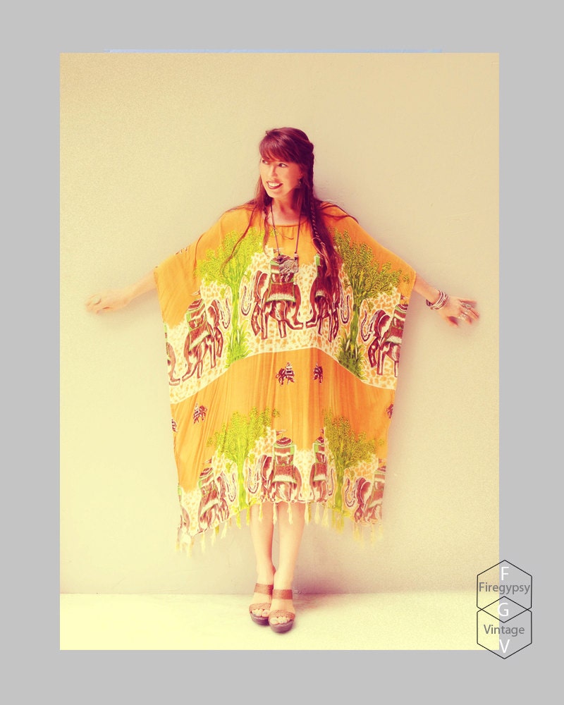 vintage sundress / dancing elephant print dress / boho 1970s kaftan dress fringe festival maxi